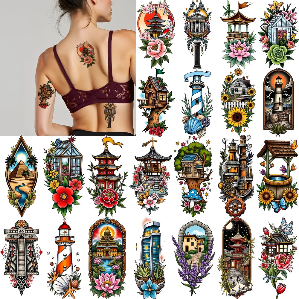 9-Pack Temporary Tattoo Stickers – Lighthouse, Flowers & Church