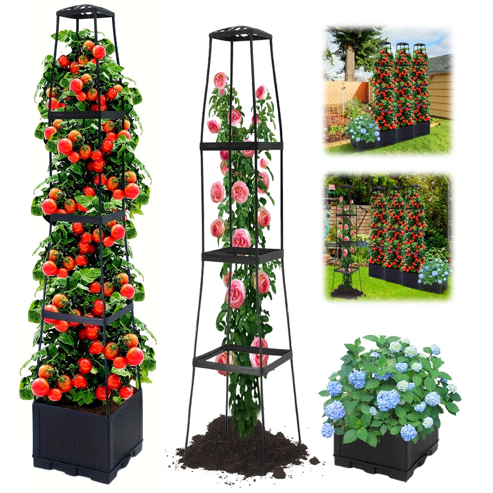 4-Tier Self-Watering Planter Tower with Trellis | Raised Garden Bed