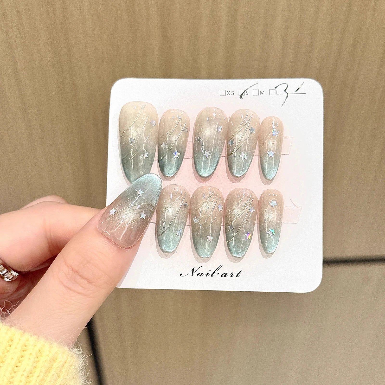 10pcs Handmade Almond Tip Press on Nails Temperament Laser Star Design Fake Nails Detachable Blue Gradient Cat's Eye False Nails Peaceful Pleasures Health and Wellness