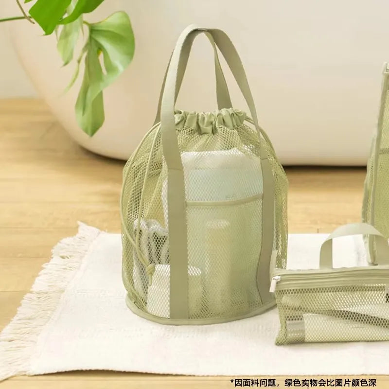 Large Capacity Travel Cosmetic Bag Organizer Foldable Mesh Nylon Casual Drawstring Rope Bundle Pocket Swim Washing Bag Peaceful Pleasures Health and Wellness green
