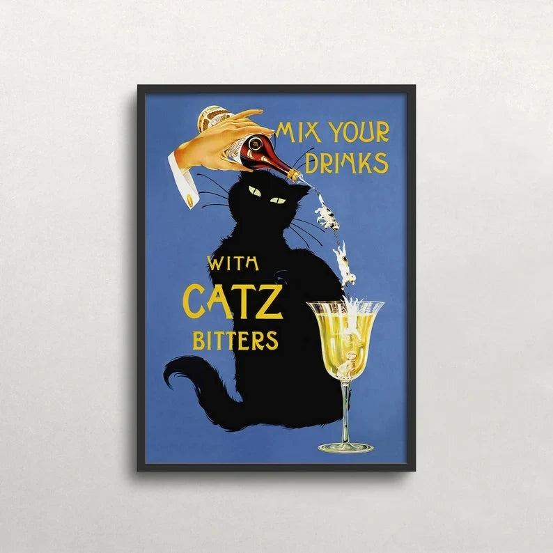 Retro Black Cat Bitters Bar Canvas Wall Art Poster | Home Decor
