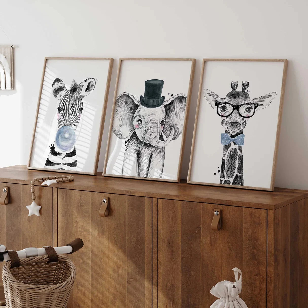 3-Piece Cartoon Safari Animals Canvas Wall Art | Kids Room Decor