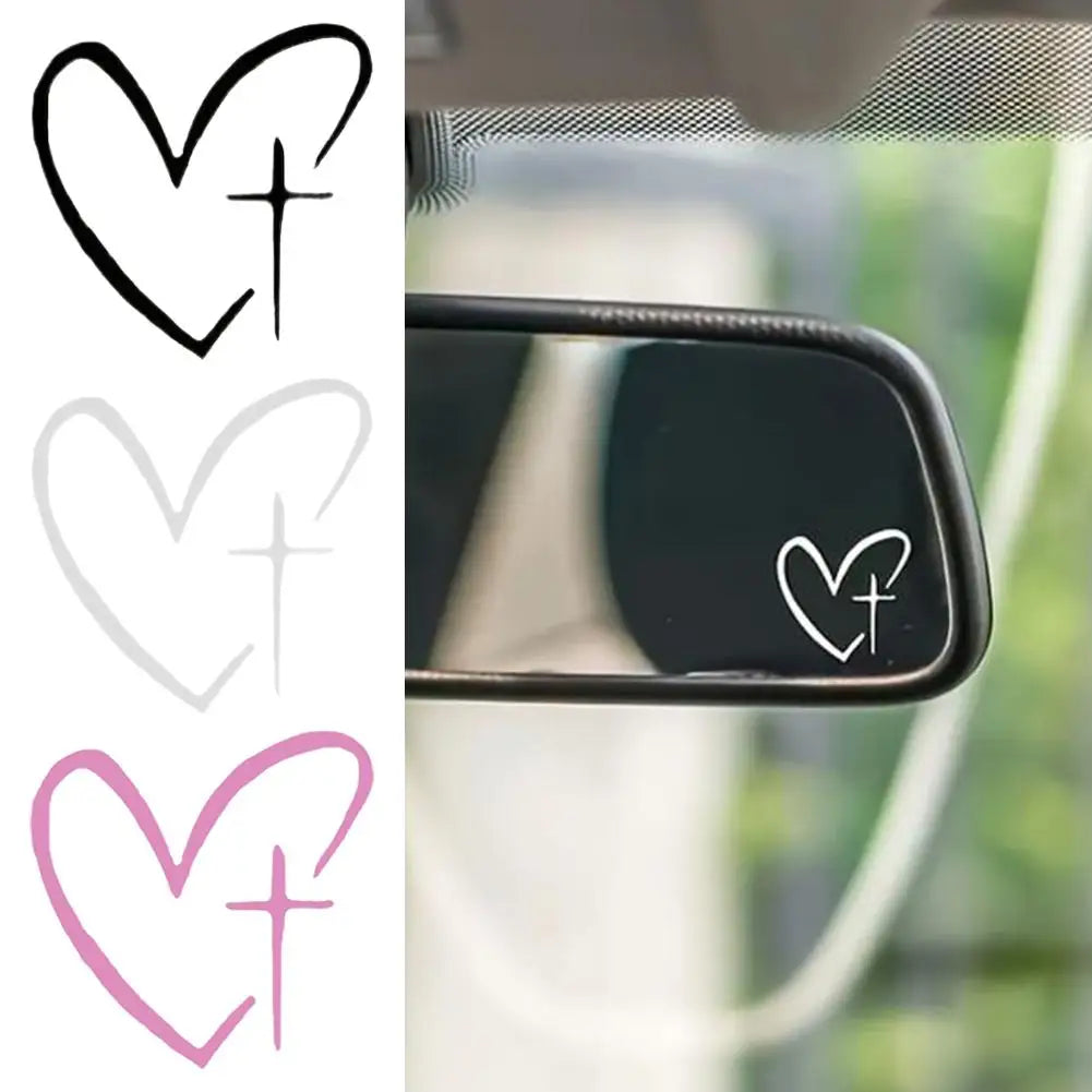 Heart Cross Car Mirror Stickers – Waterproof Religious Vinyl Decal