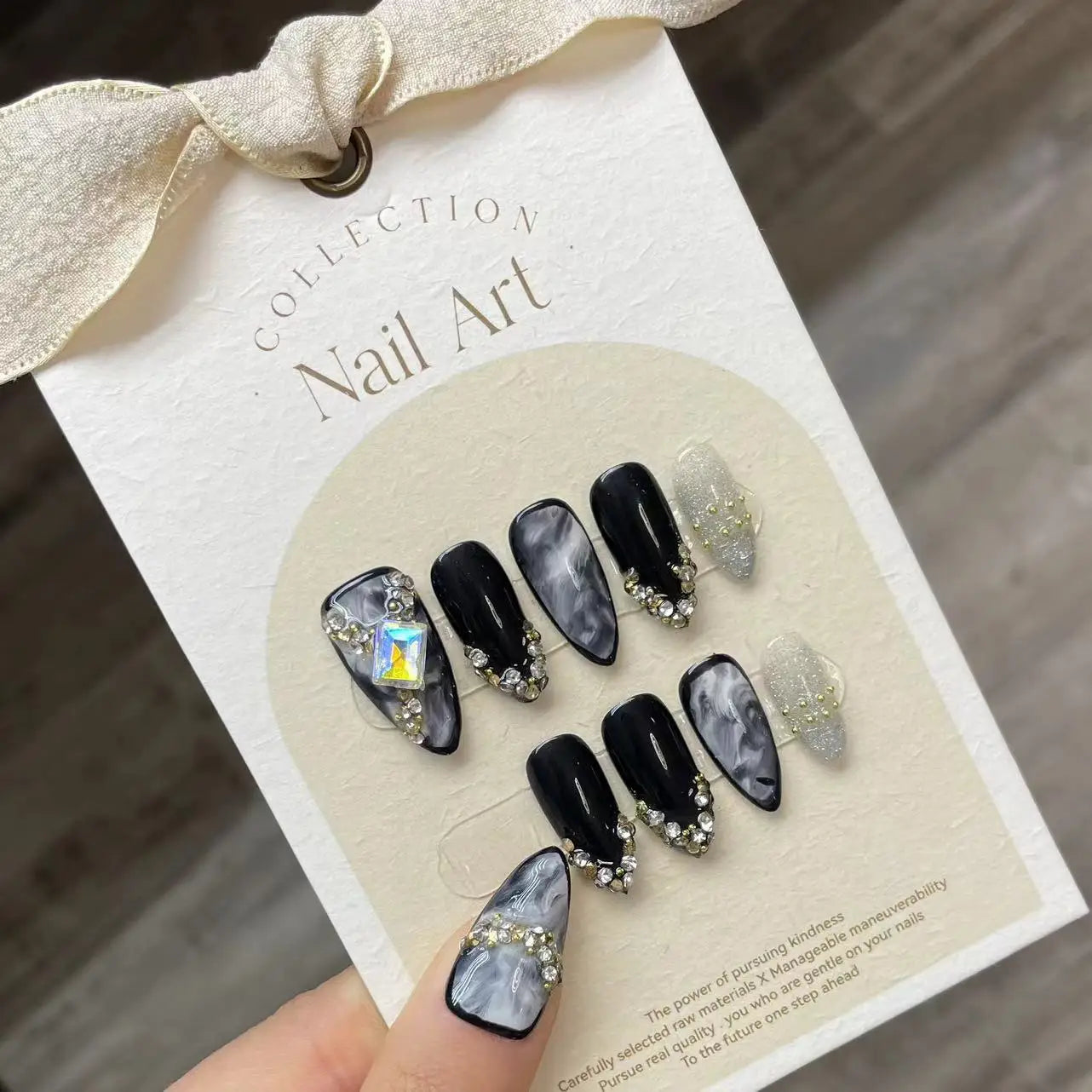 Handmade Press on Nails Black Cool European Fake Nails with Crystal Design Women Wearable Detachable Glitter Almond False Nails Peaceful Pleasures Health and Wellness XS