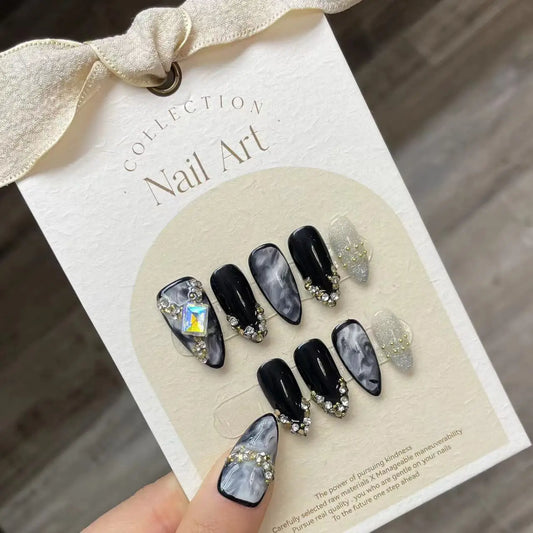 Handmade Press on Nails Black Cool European Fake Nails with Crystal Design Women Wearable Detachable Glitter Almond False Nails Peaceful Pleasures Health and Wellness XS
