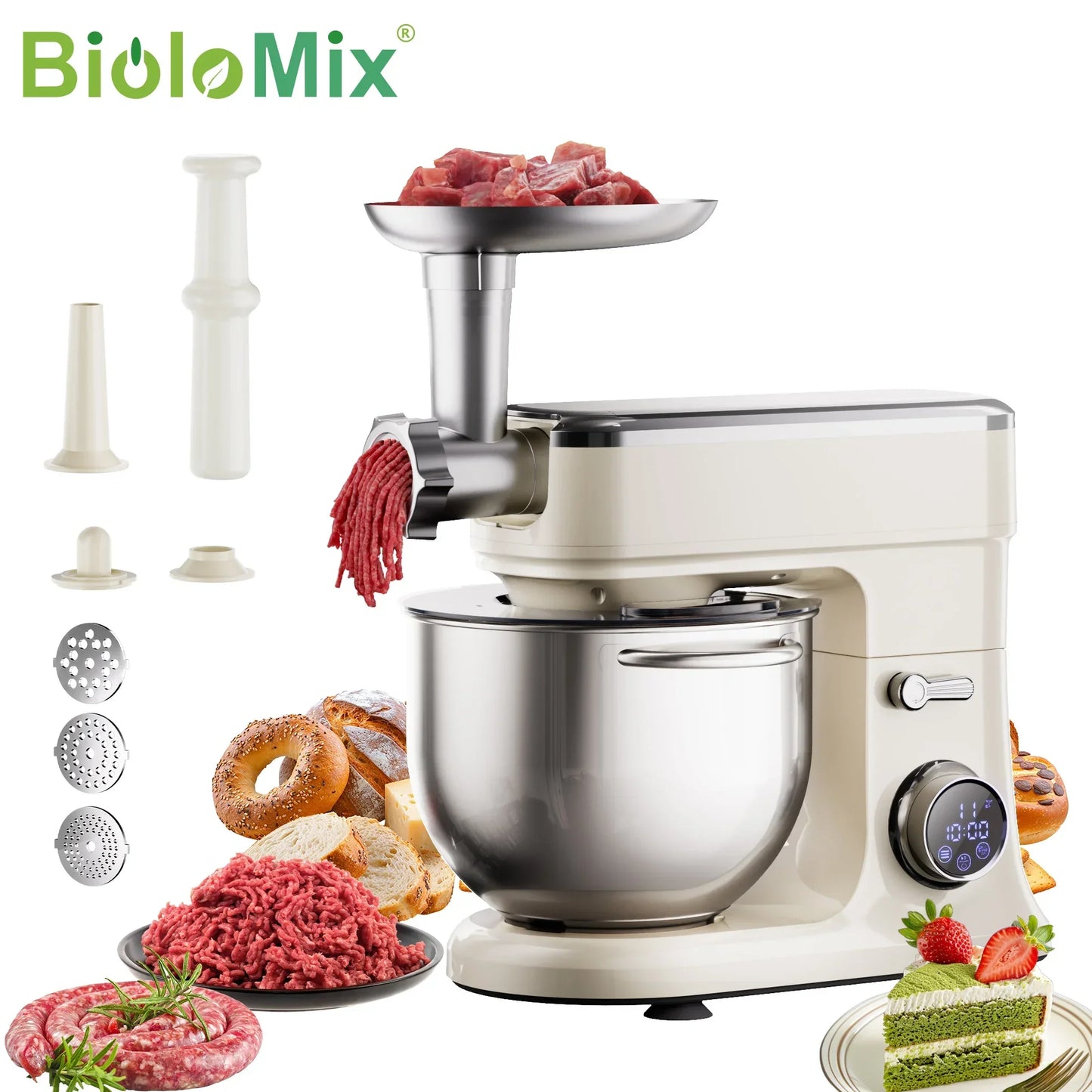BioloMix 7L Stand Mixer – 1200W DC Motor, 11 Speeds, Dough Hook & Meat Grinder Kitchen Appliance Peaceful Pleasures Health and Wellness With Attachments AU China Mainland