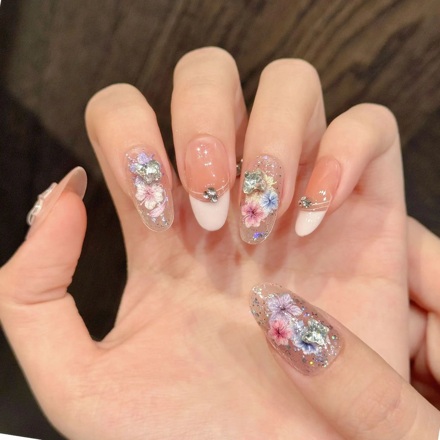 10pcs Handmade Press on Nails Summer Color Flowers Fake Nail Tips Women Wearable Reusable Short Almond Ballet French False Nails Peaceful Pleasures Health and Wellness L