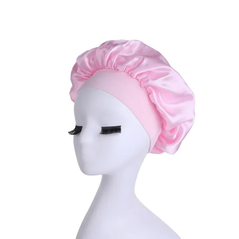 Women's Satin Solid Wide-brimmed Sleeping Hat Night Sleep Cap Hair Care Bonnet Nightcap for Women Men Unisex Cap Bonnet De Nuit Peaceful Pleasures Health and Wellness Pink