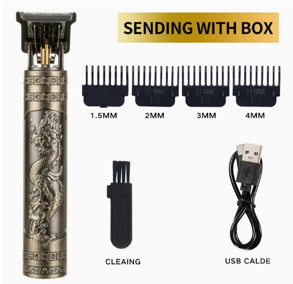 Vintage T9 Electric Hair Clipper Professional Men's Rechargeable Barber Trimmer for Men Dragon Buddha Design Peaceful Pleasures Health and Wellness Chocolate