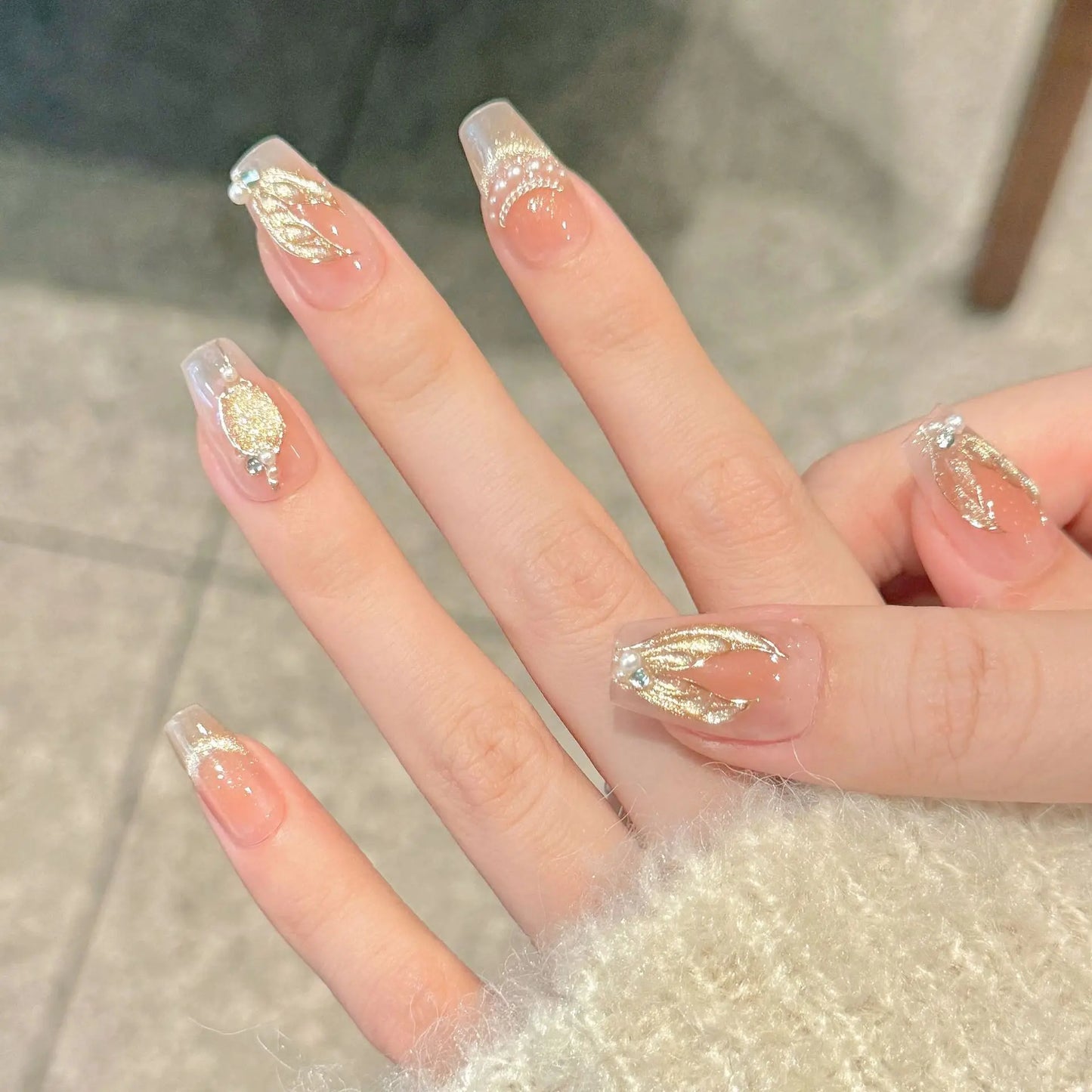 Handmade Press on Nails Dreamy Mermaid Tail Cat Eye Pearl Decor False Nails Full Cover French Cat Eye Shiny Korean Fake Nails Peaceful Pleasures Health and Wellness L