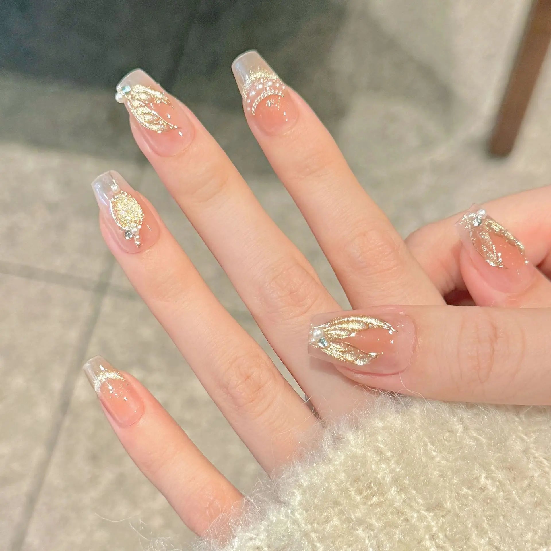 Handmade Press on Nails Dreamy Mermaid Tail Cat Eye Pearl Decor False Nails Full Cover French Cat Eye Shiny Korean Fake Nails Peaceful Pleasures Health and Wellness L