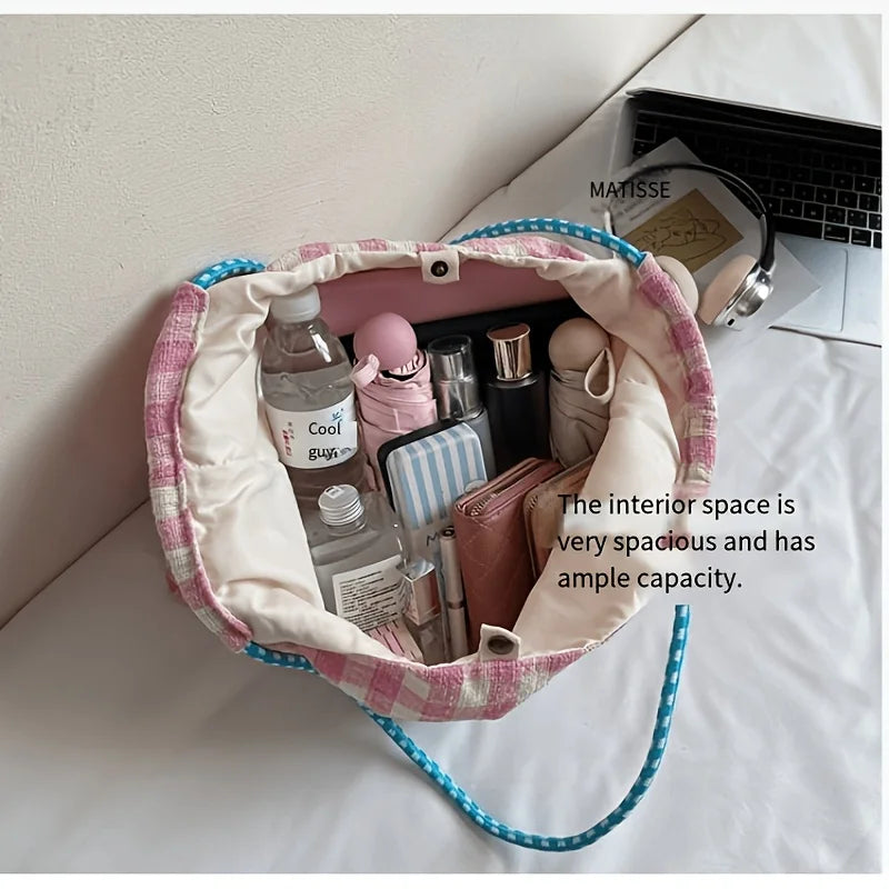 Women's Large Canvas Tote Bag – Korean Plaid Shoulder Bag