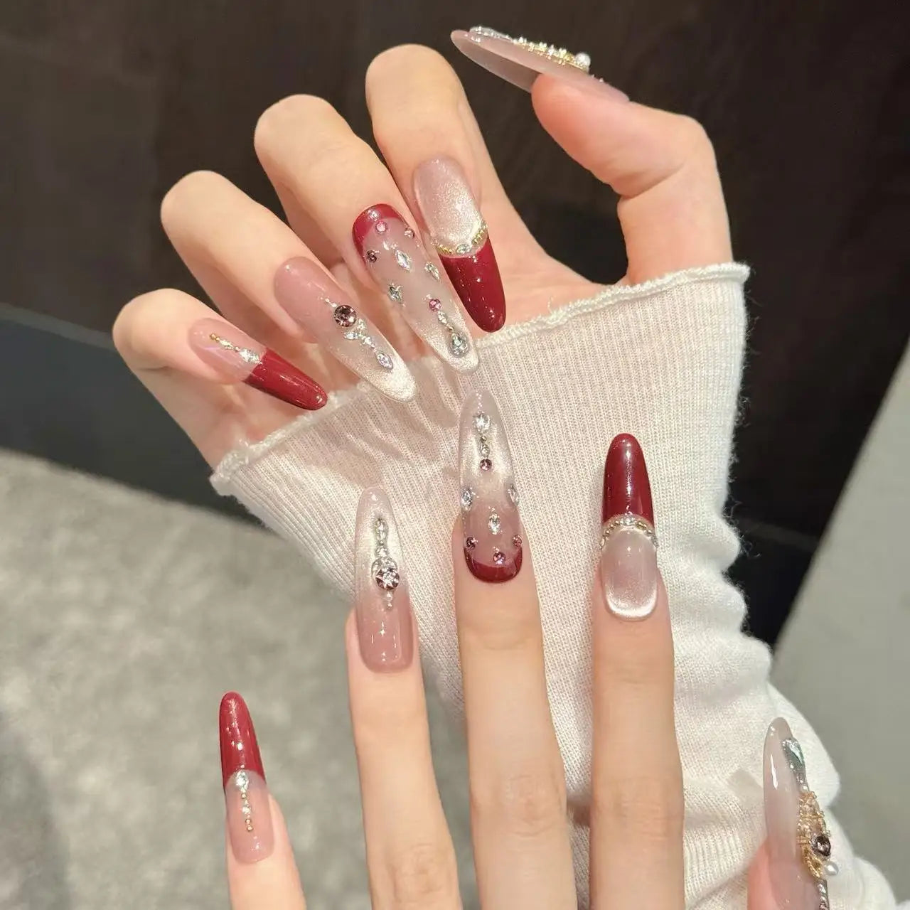 Wine Red French Press On Nails | Cat's Eye Diamond Almond 10pc