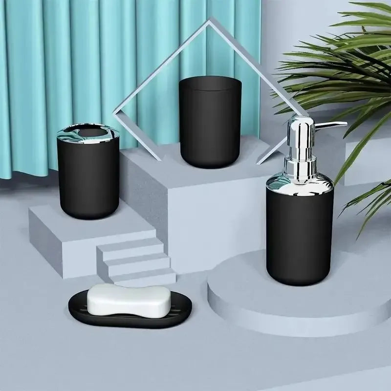 4pcs Bathroom Set, Plastic Gift Set, Toothbrush Holder, Toothbrush Cup, Soap Dispenser, Soap Dish (Gray, Black) Peaceful Pleasures Health and Wellness
