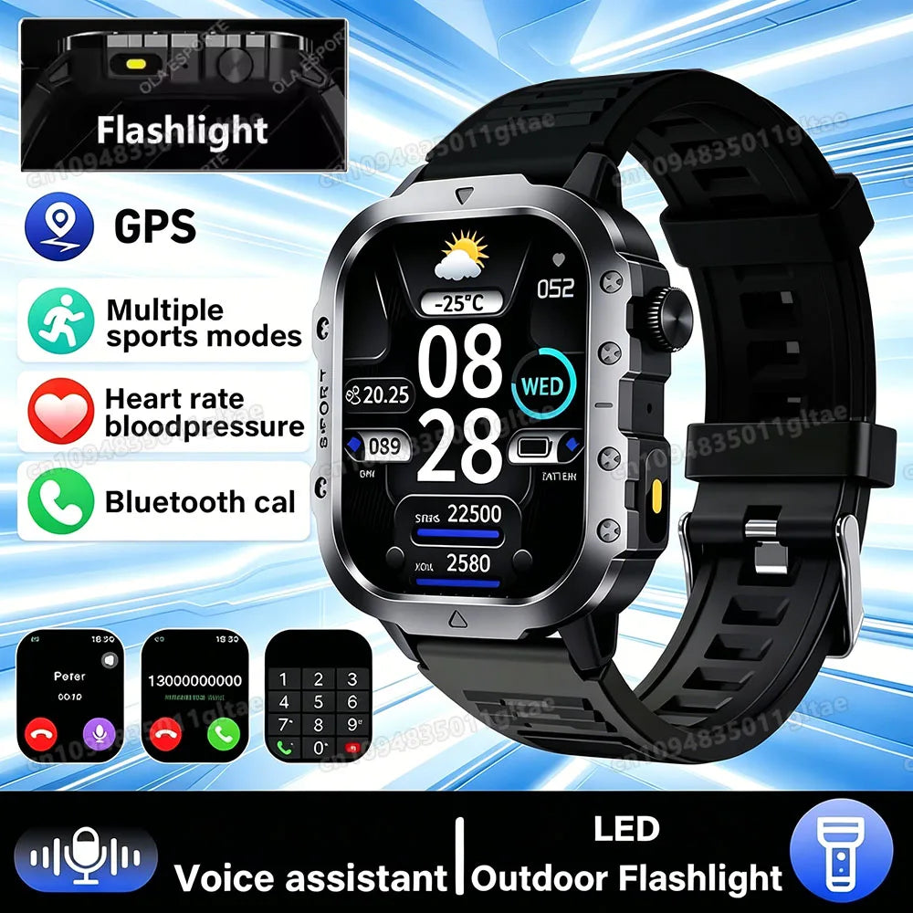 Outdoor Military Smartwatches Bluetooth Call Men 2.01" Blood Oxygen Monitor 5ATM Waterproof GPS Tracking Sports Smart Watch HW12 Peaceful Pleasures Health and Wellness 2.01 Black Smartwatch