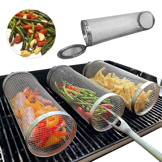 Round BBQ Basket Stainless Steel Rolling Grilling Basket Wire Mesh Cylinder Grill Basket Portable Outdoor Camping Barbecue Rack Peaceful Pleasures Health and Wellness