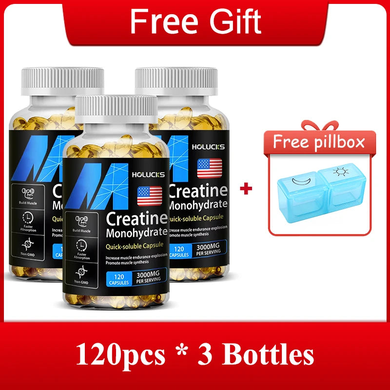 High Potency Creatine 3000mg Capsules, Support Brain & Muscle Cell Energy, Increases Power Output & Exercise Performance Peaceful Pleasures Health and Wellness 120pcs-3 Bottles