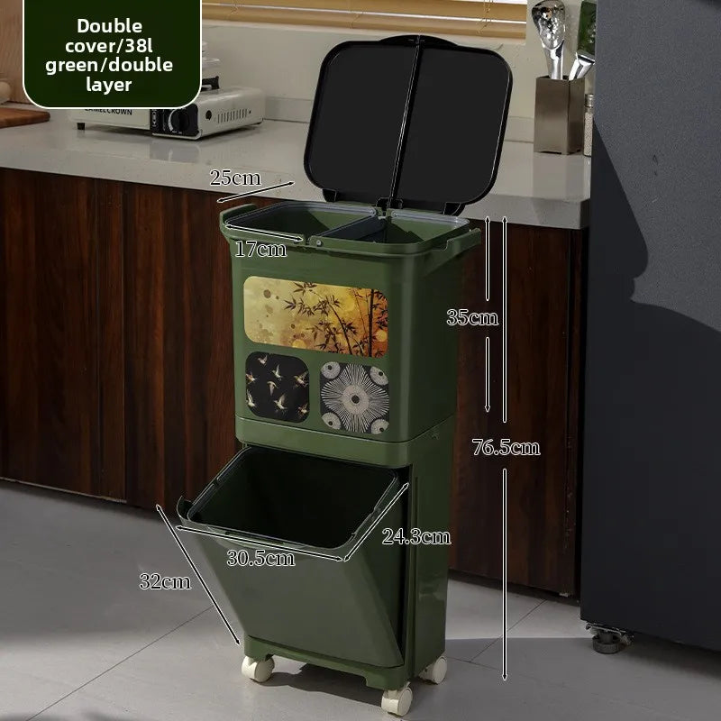 Vintage-Style Kitchen Trash Bin - Large Capacity, No Bending, Double Layer Wet/Dry Separation, Home Essential Peaceful Pleasures Health and Wellness Double 38L Green