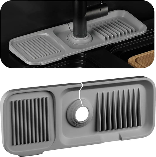 14.5/18x5.5 Inch Sink Splash Guard Faucet Handle Drip Catcher Tray Longer Silicone Mat Dish Soap Sponge Holder Bathroom Kitchen Peaceful Pleasures Health and Wellness