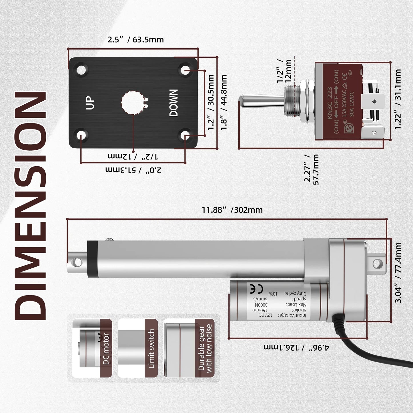 Linear Actuator 12V with Controller 6" 3000N/660lbs Stroke Electric Actuator 5mm/s Motion Actuator with Reverse Polarity Switch Peaceful Pleasures Health and Wellness
