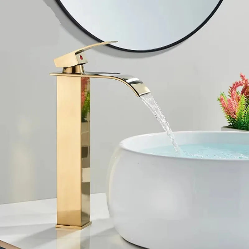 Brushed Gold Waterfall Bathroom Faucet | Single Handle Deck Mount