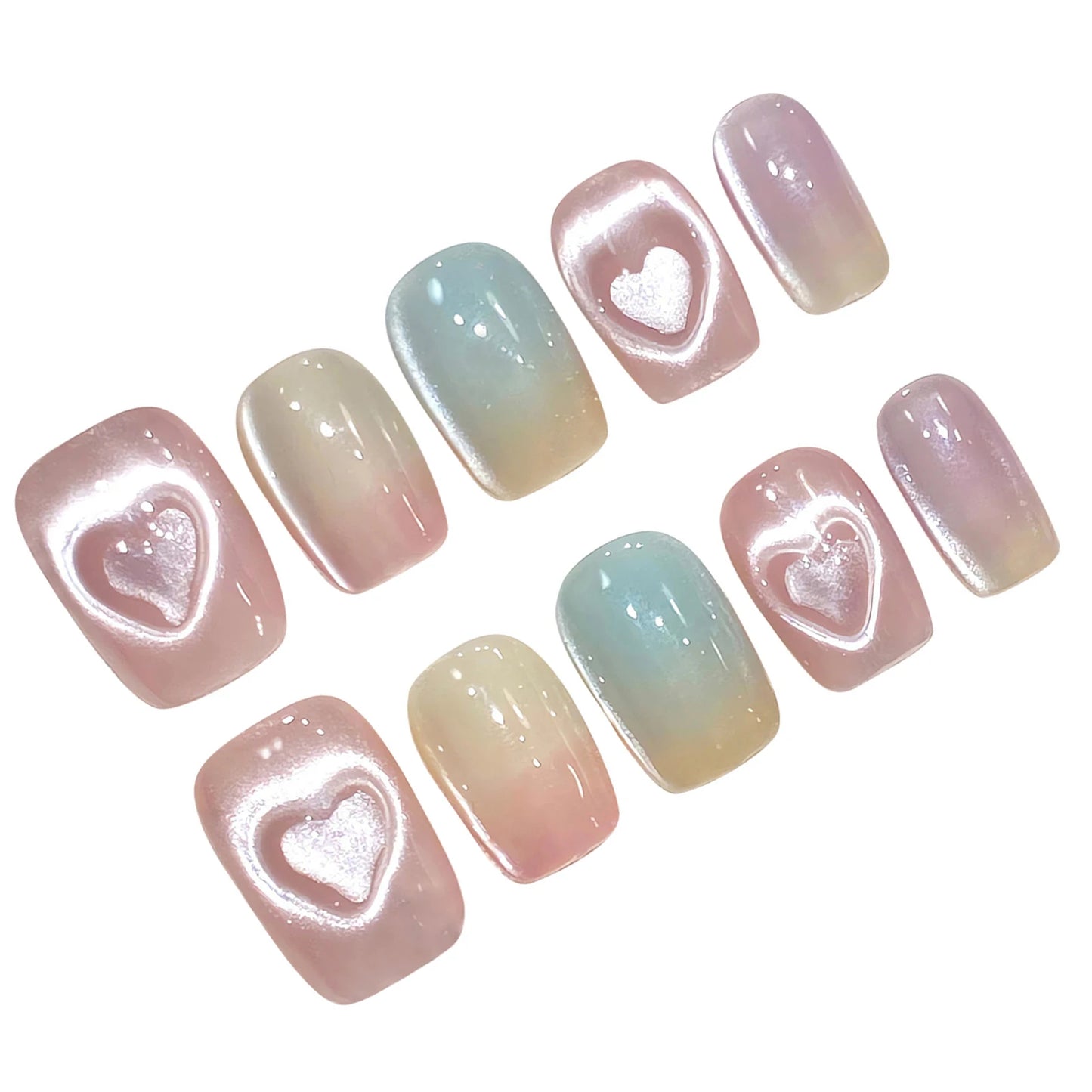 Sweet Pink Heart Cat Eye Press On Nails | Coffin Ballet Shape
