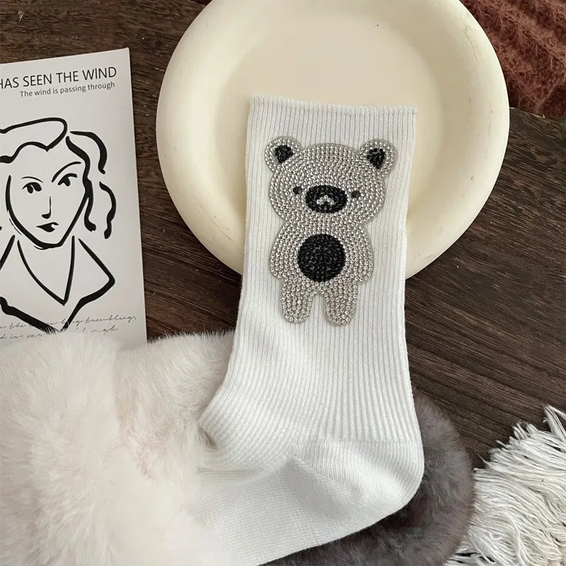 Diamond Cartoon Bear Decorative Socks, Fashionable Diamond Sparkling Women's Socks, Comfortable And Breathable Christmas Socks Peaceful Pleasures Health and Wellness Brown One Size