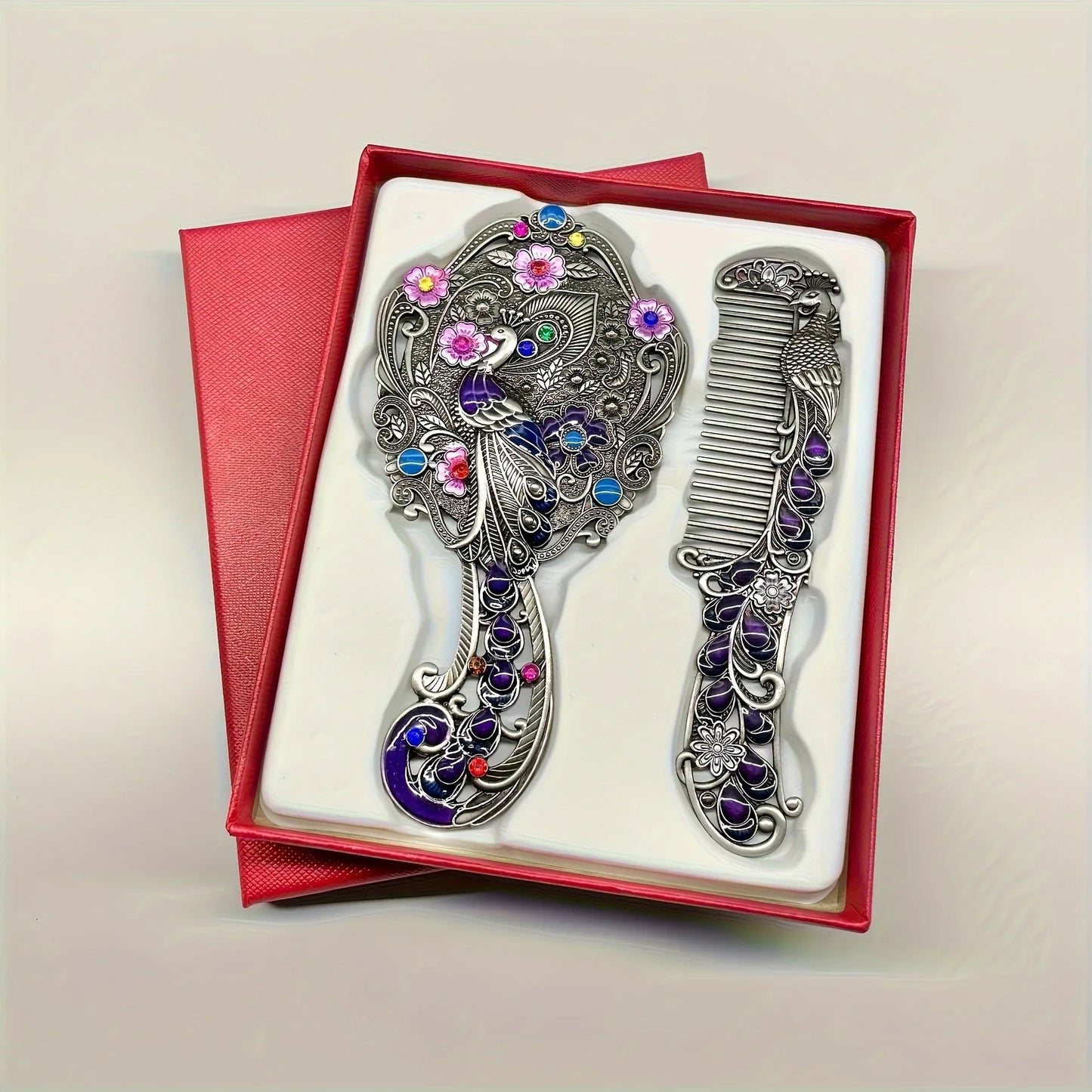 Vintage Peacock Handheld & Tabletop Mirror Set – 2pcs