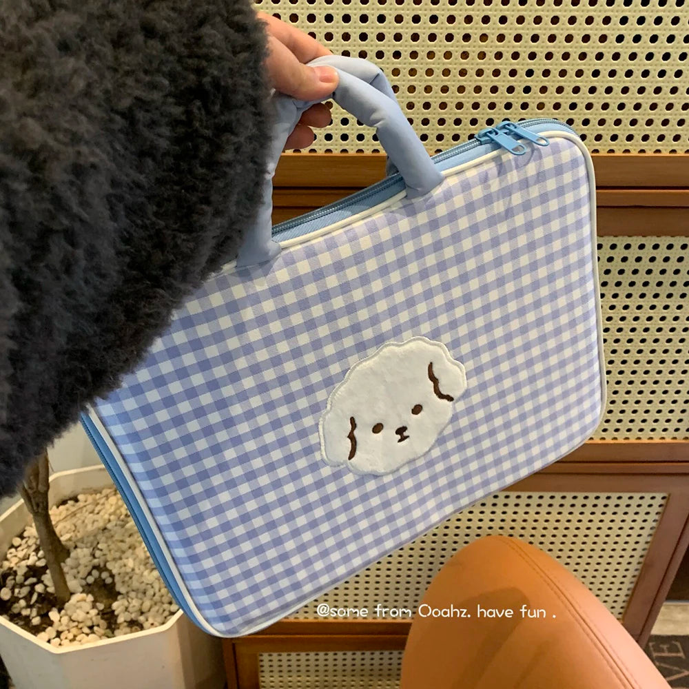Little Bear Blue Checkerboard 13 Computer Bag Korean Cute Cartoon