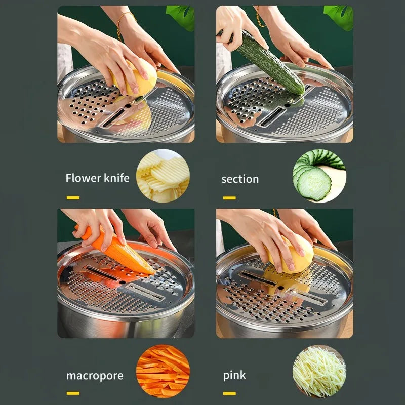 3-in-1 Stainless Steel Grater Bowl with Colander & Slicer