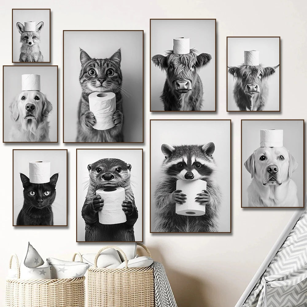 Funny Animal Toilet Paper Canvas Wall Art – Bathroom Decor