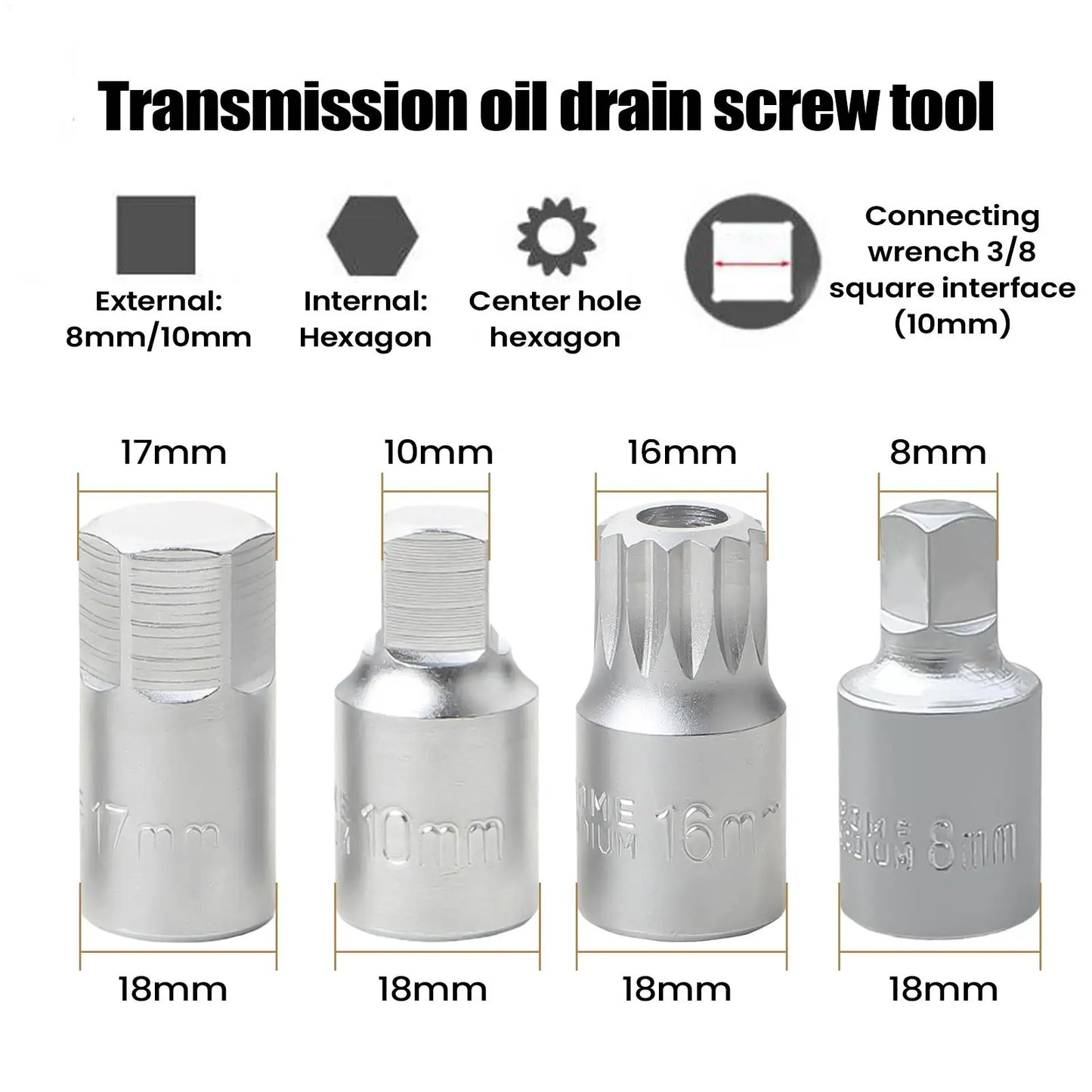 Oil Drain Plug Socket Wrench M16 H17 S8 S10 | 3/8" Drive Tool