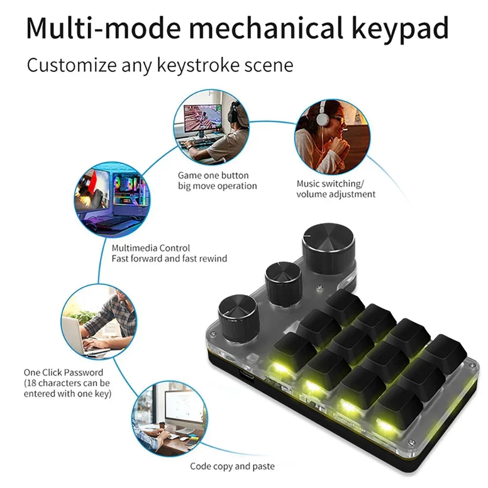 Mini Bluetooth Programming Macro Custom 3 Knob Keyboard RGB 12Key Copy Paste Photoshop Gaming Keypad Mechanical Hotswap Macropad Peaceful Pleasures Health and Wellness
