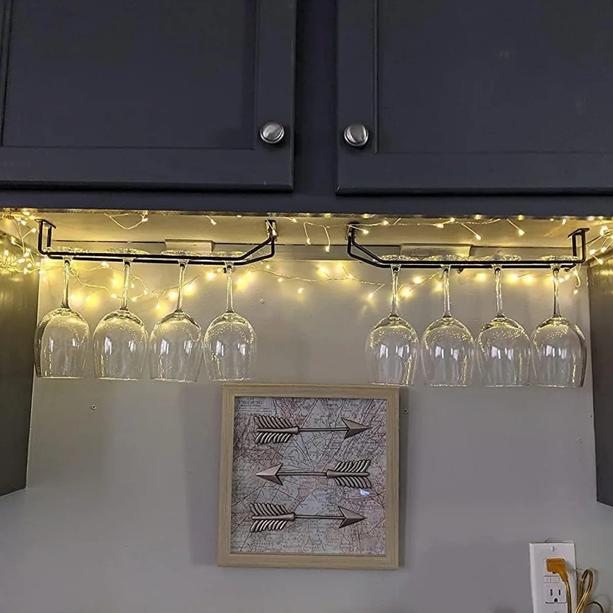 Leeseph Under Cabinet Wine Glass Holder, Length 13.7in/10.6in Wine Glass Rack, Single Rail Hanging Rack for Cabinet Kitchen Bar Peaceful Pleasures Health and Wellness