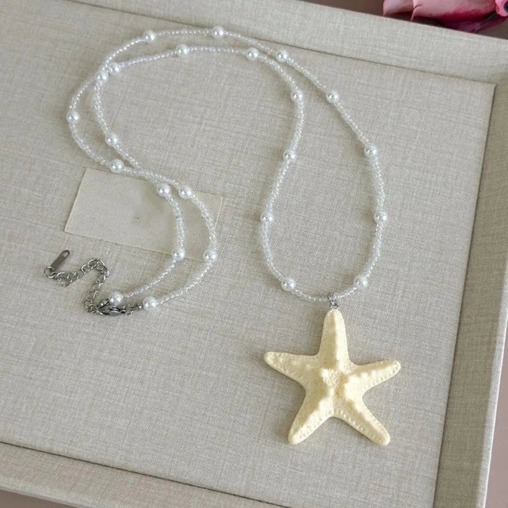 Bohemian Starfish Beaded Necklace | Colorful Beach Jewelry Pendant Necklace Peaceful Pleasures Health and Wellness White