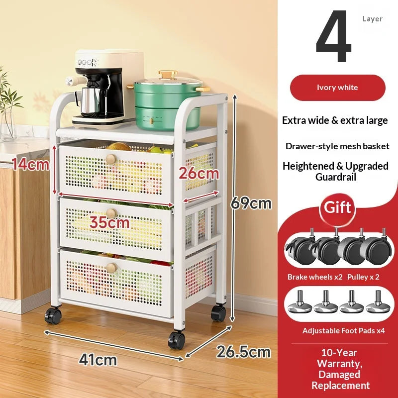 Space Saving Heavy Duty Multi Layer Rolling Fruit Vegetable Basket Storage Cart for Kitchen Floor Standing Organizer Peaceful Pleasures Health and Wellness White 4 Layers