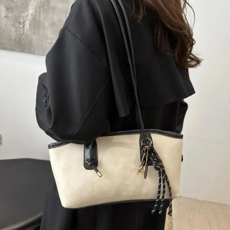 Retro PU Leather Tote Bag – Large Capacity & Charm Pendant