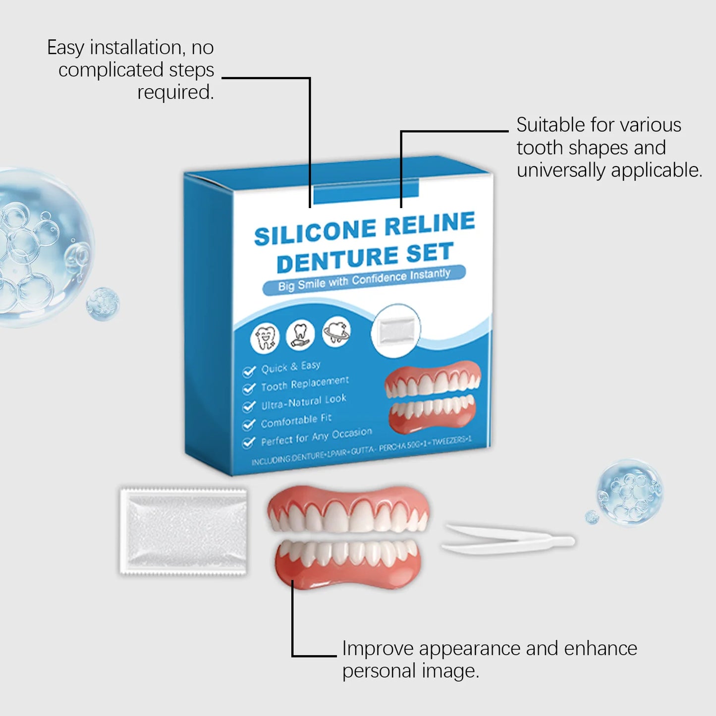 Silicone Reline Denture Set Perfect Fit Oral Repair Missing Broken Tooth High Durable Natural Appearance Portable Fake Teeth Kit Peaceful Pleasures Health and Wellness