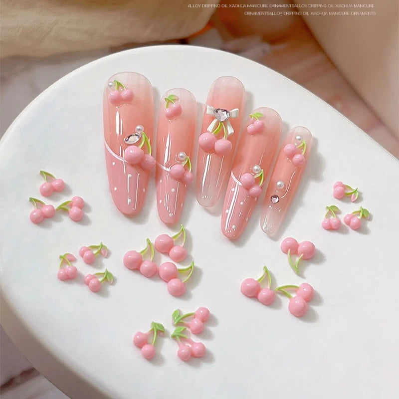 50pcs 3D Cherry Nail Charms – Pink Resin Fruit Nail Art Decor