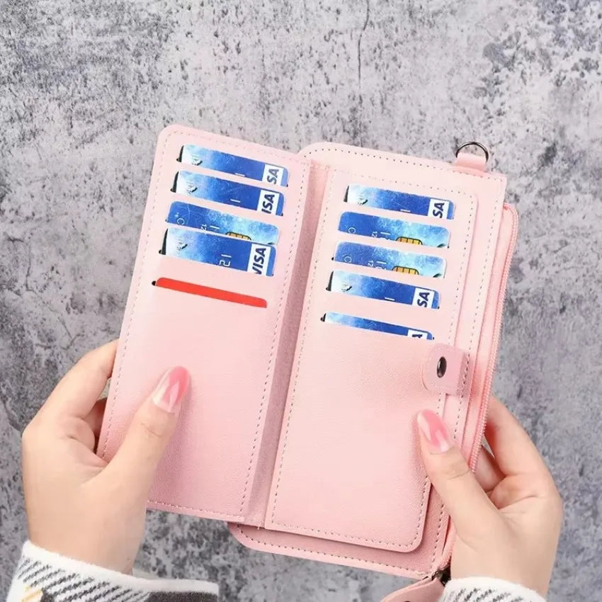 PU Leather Long Multi-card Position Clutch Buckle Zipper Studen