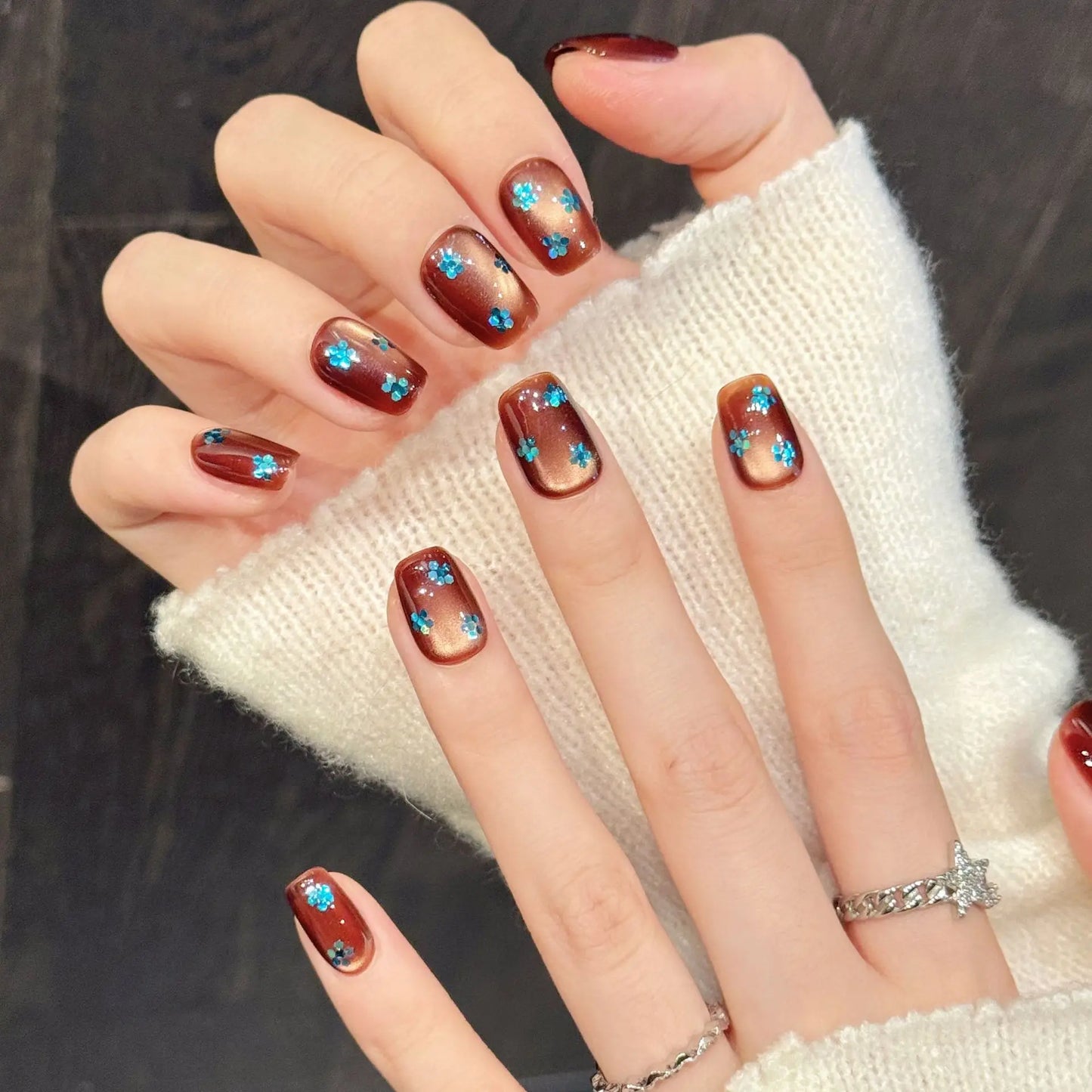 Caramel Brown Press-On Nails | Cat's Eye Green Diamond Y2K