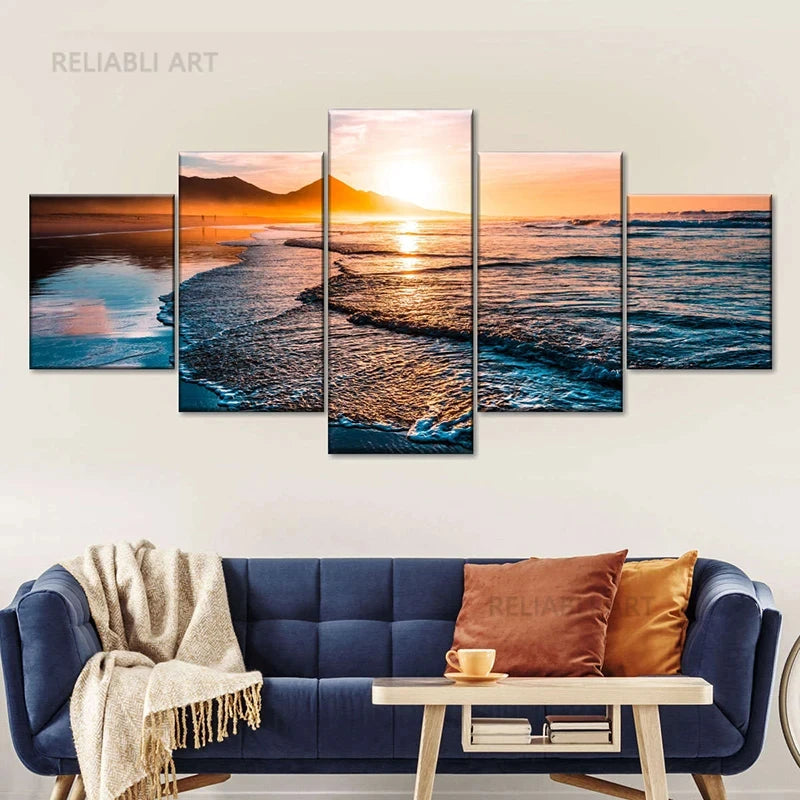5pcs Cleopatra Ocean Canvas Painting Wall Art Orange Sky Ocean Beach Multi Turkey Sand Beach Sunrise Wall Decor No Frame Peaceful Pleasures Health and Wellness 5pcs 17 20x35-20x45-20x55cm