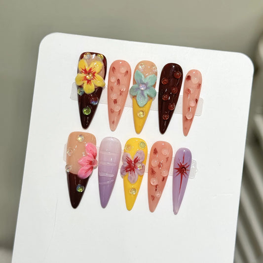 10pcs Handmade Summer Press on Nails Sweet 3d Carved Flower False Nails Wearable Full Cover Ins Long Almond False Nail Tips Peaceful Pleasures Health and Wellness XS