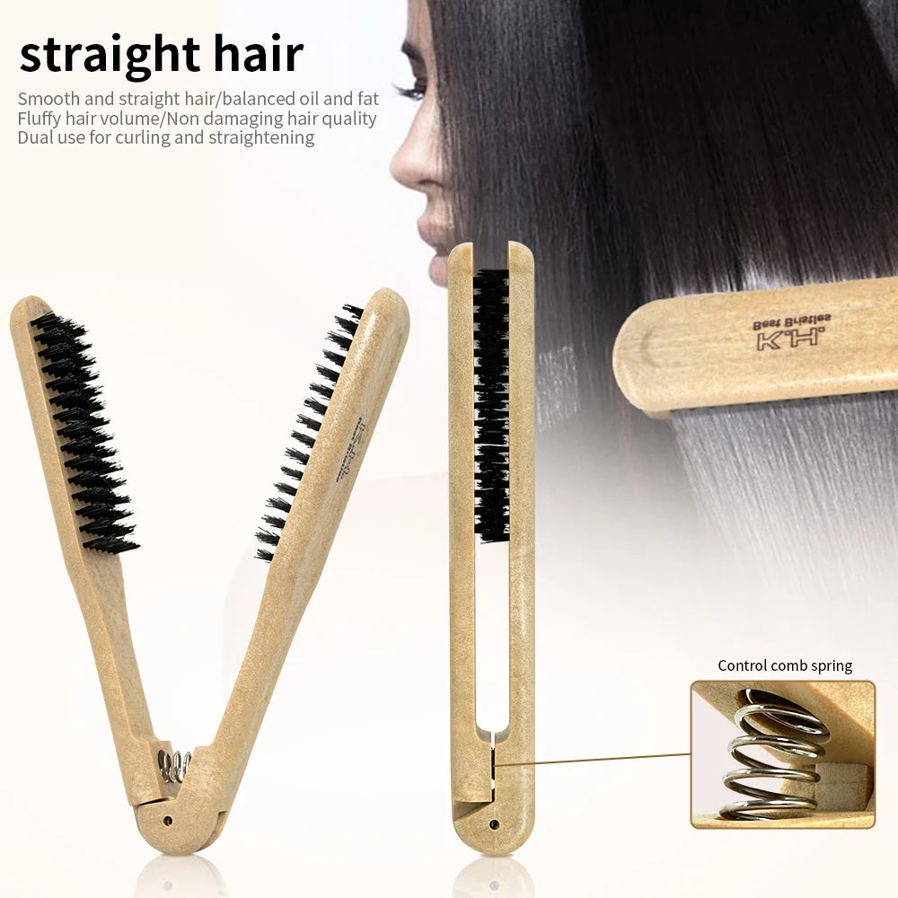V-Type Wooden Handle Hair Straightener Comb | Anti-Static
