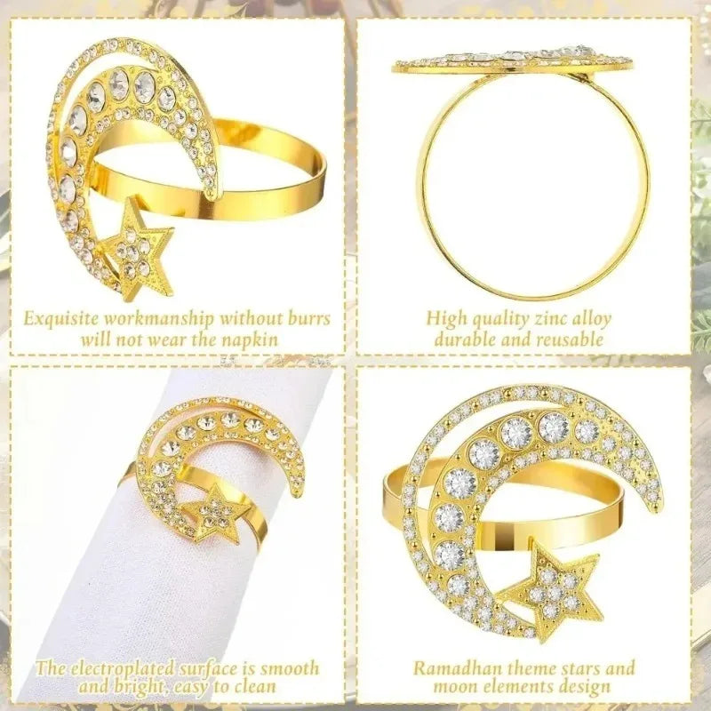 Gold Star Moon Napkin Rings Set | Ramadan Eid Holiday Tableware