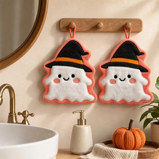 Halloween Cute Ghost Witch Hat Hanging Towel Soft Coral Velvet Quick Peaceful Pleasures Health and Wellness