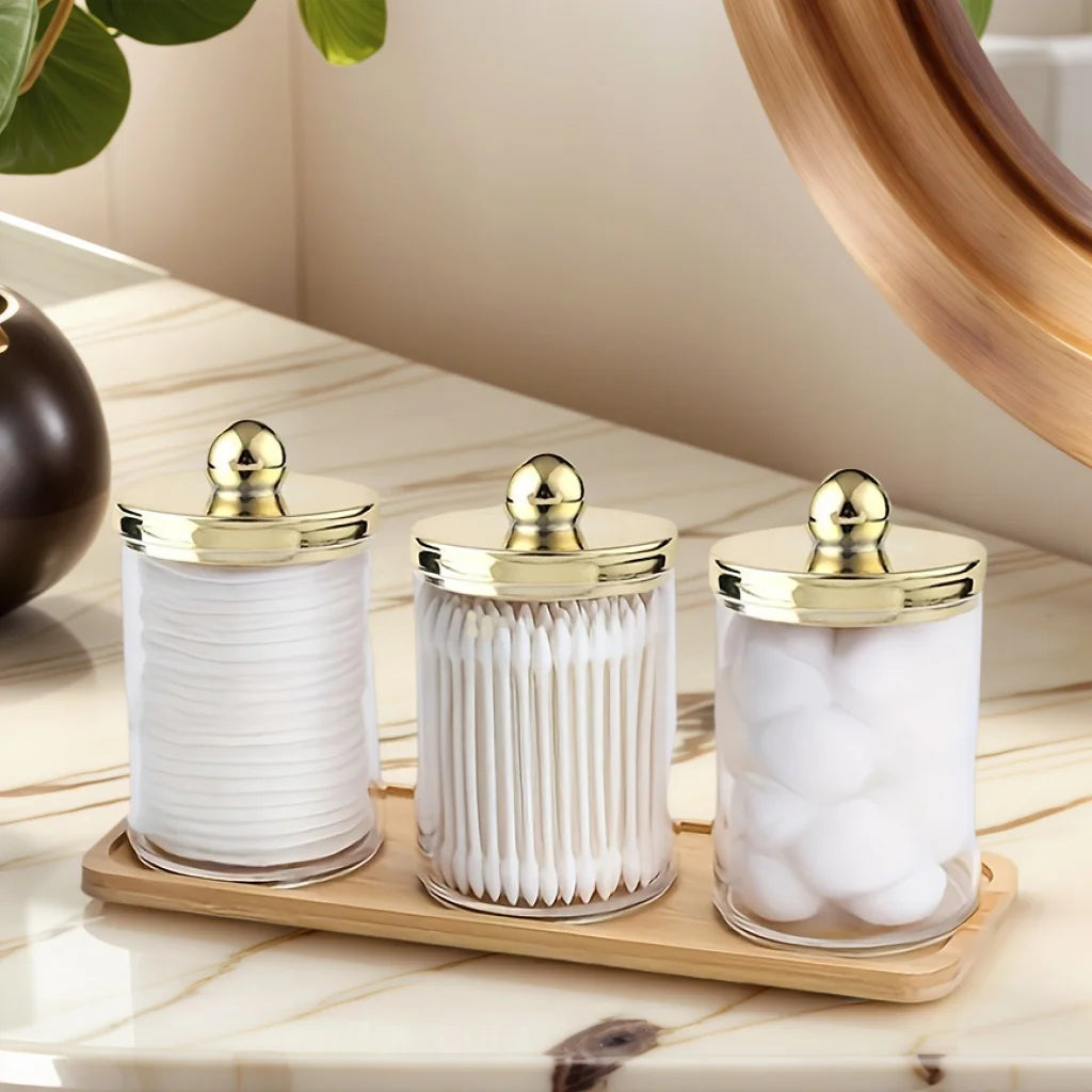 3 Pack Q-tip Holder Bathroom Organizer Set with Storage Tray – Acrylic Cotton Swab, Cotton Round & Cotton Ball Dispenser
