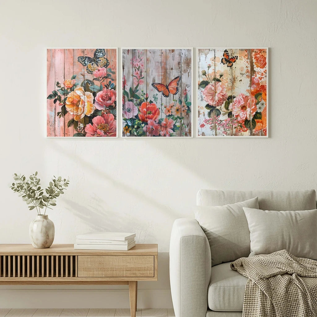 Nordic Wall Art Butterfly & Flowers on Wooden Plank Canvas Painting Nordic Style Poster Prints Bedroom Living Room Wall Decor Peaceful Pleasures Health and Wellness