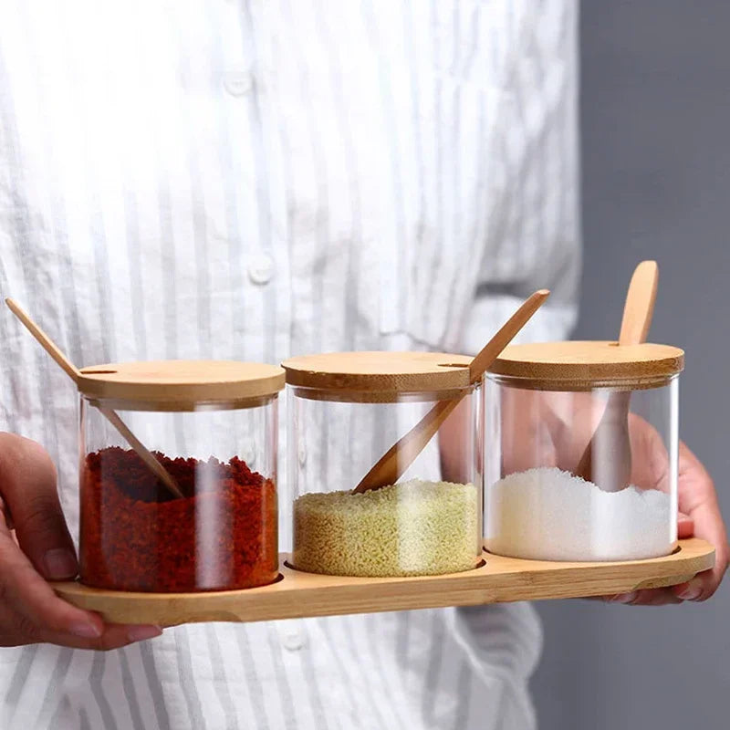 Kitchen Glass Condiment Jars Set Clear Spice Salt Container with Tray Coffee Beans Organizer Bottle Dust-Proof Seasoning Bottle Peaceful Pleasures Health and Wellness
