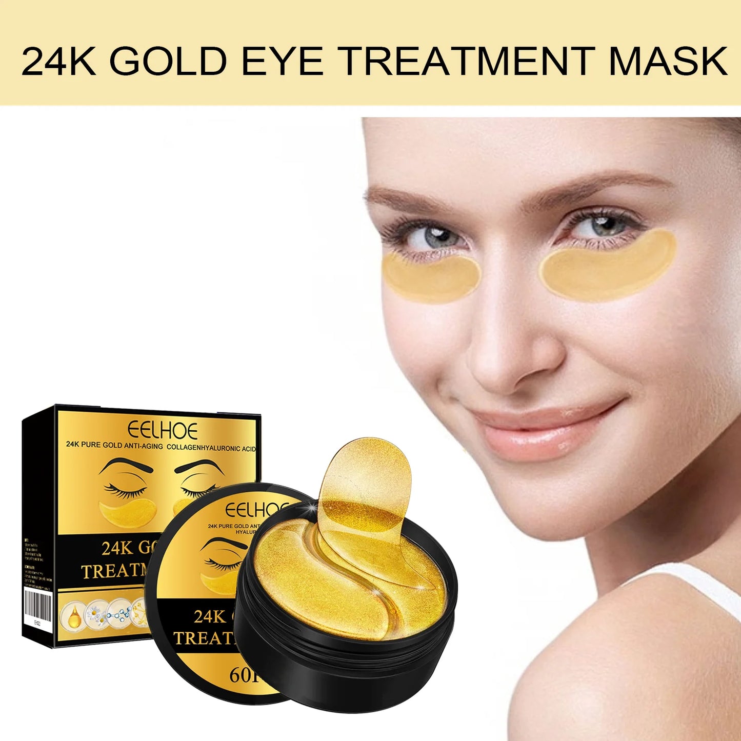EELHOE 24k Gold Eye Mask Removing Pouch Reducing Wrinkle Dark Circles Fade Fine Lines Anti-Aging Moisturizing Collagen Eye Masks Peaceful Pleasures Health and Wellness